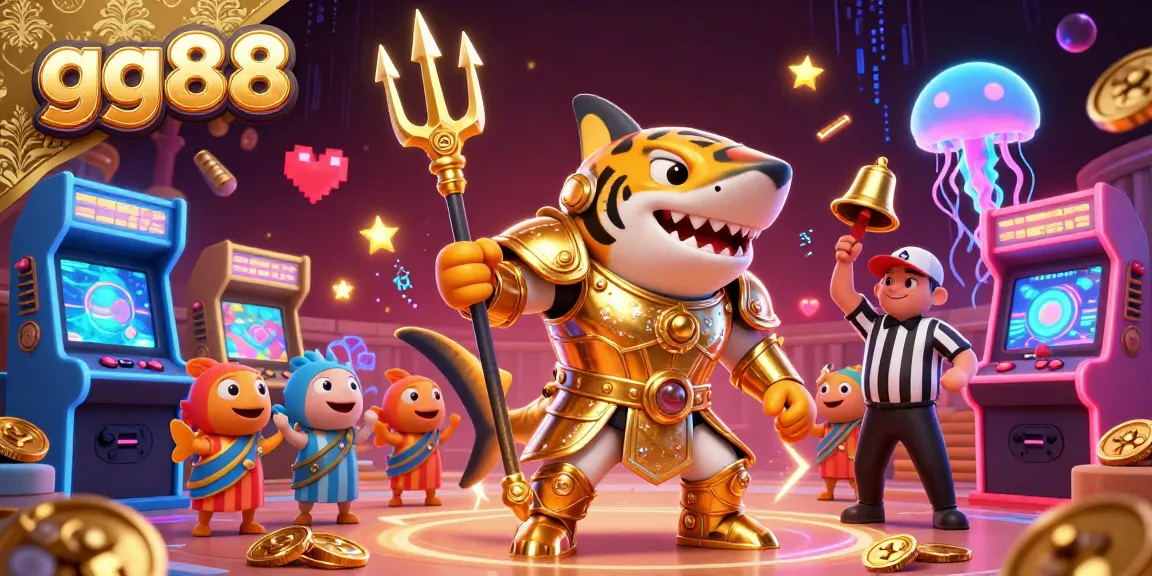 Engage with gg88's thrilling gaming adventure featuring a legendary gladiator shark and dynamic arcade elements, promoting an immersive casino experience.