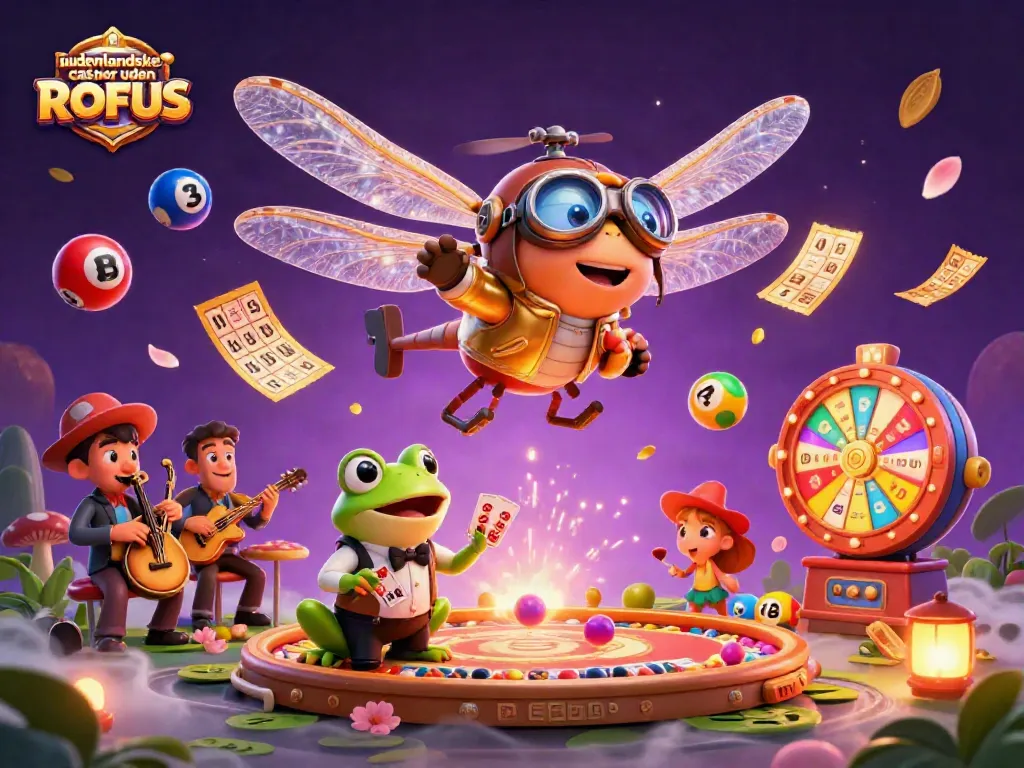 Explore udenlandske casinoer uden ROFUS with a lively scene of a dragonfly pilot and frog dealer.