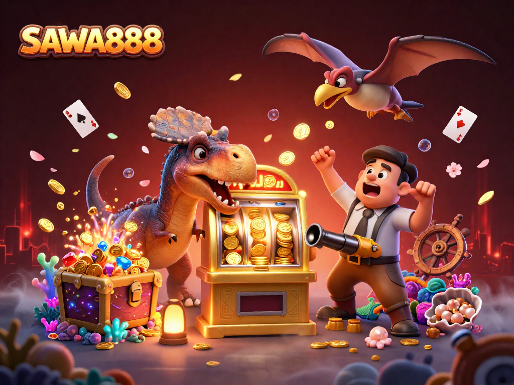 SAWA888 reveals excitement as a pachycephalosaurus wins jackpot coins at the slot machine.