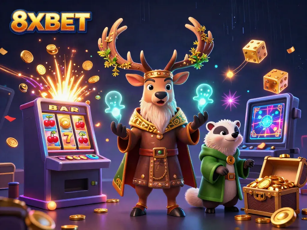 Experience thrilling gameplay with 8XBET, surrounded by dazzling slot machines and magical elements