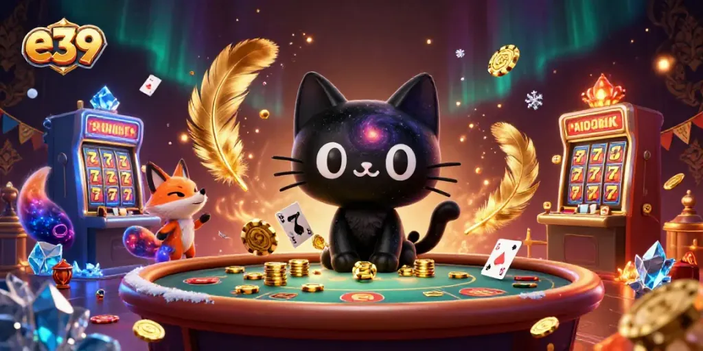 Experience the excitement of e 39 as a black hole cat charms casino chips in a cosmic scene.