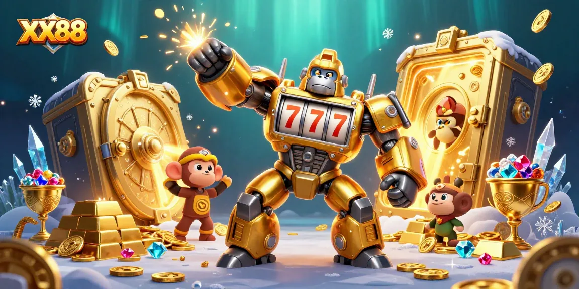 Engage with thrilling XX88 gaming adventures featuring colossal golden gorilla mech amidst riches.