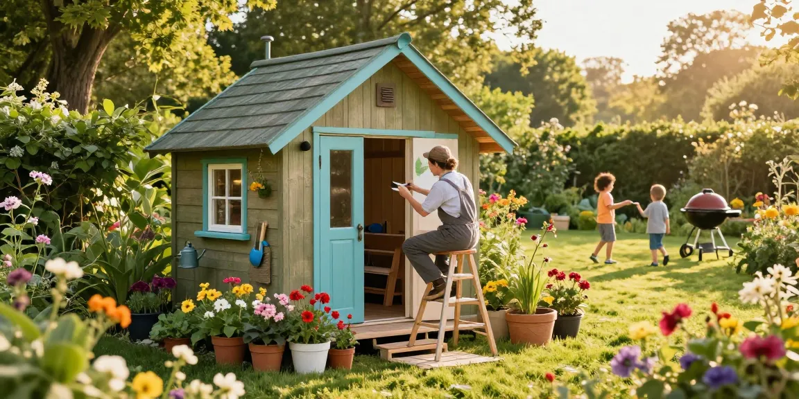 Gemütliches Gartenhaus Holz umgeben von blühenden Pflanzen und einem gärtnerischen Ambiente.