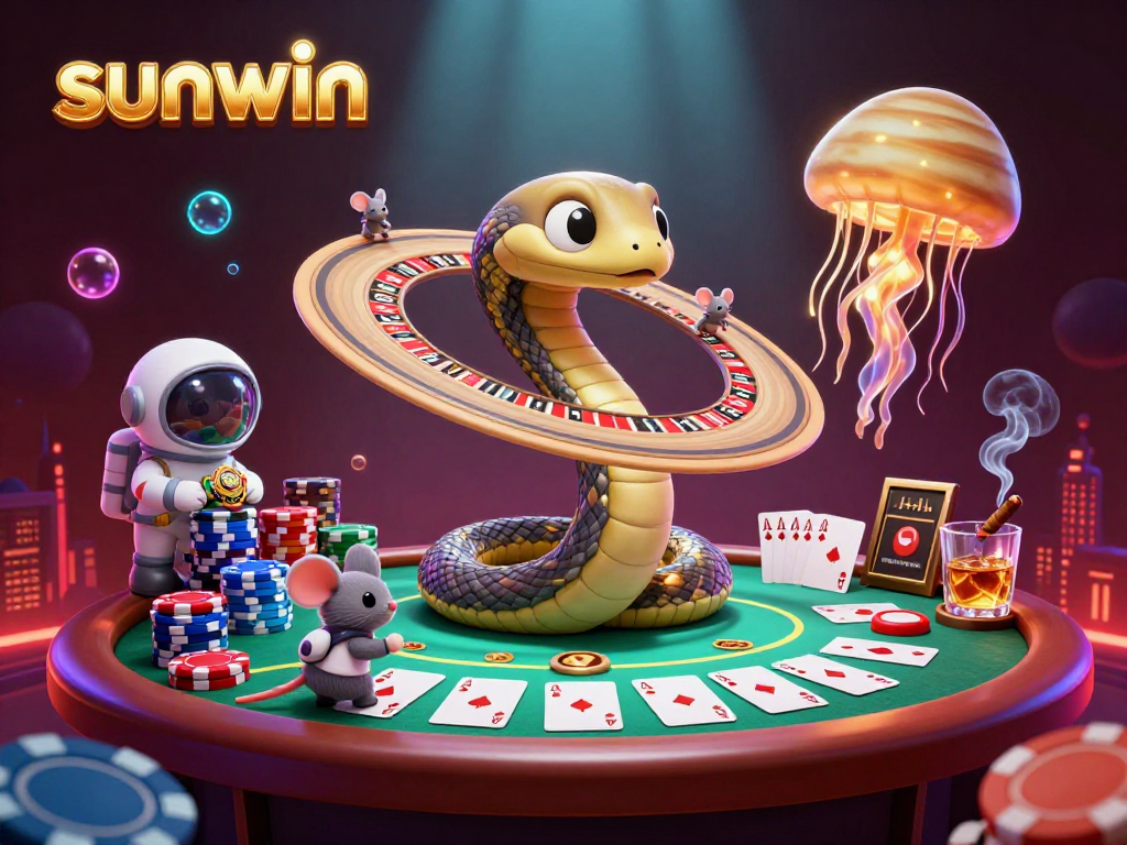 Engaging scene with sunwin branding where astronaut mice bet on Saturn's roulette rings with cosmic dealer elements.