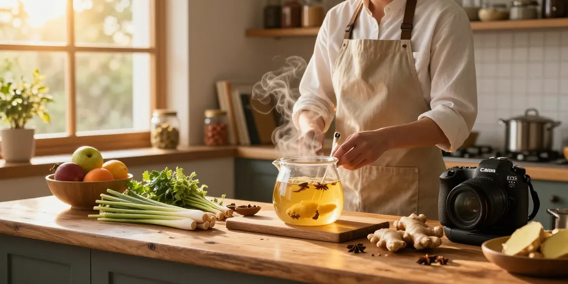 A vibrant kitchen scene with fresh ingredients for ginger tea including ginger roots, herbs, and spices, emphasizing healthy cooking with สล็อตเว็บตรง.