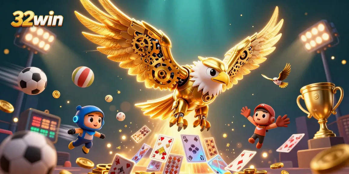 Experience thrilling action with 32win's vibrant diving golden eagle, surrounded by dynamic sports elements.