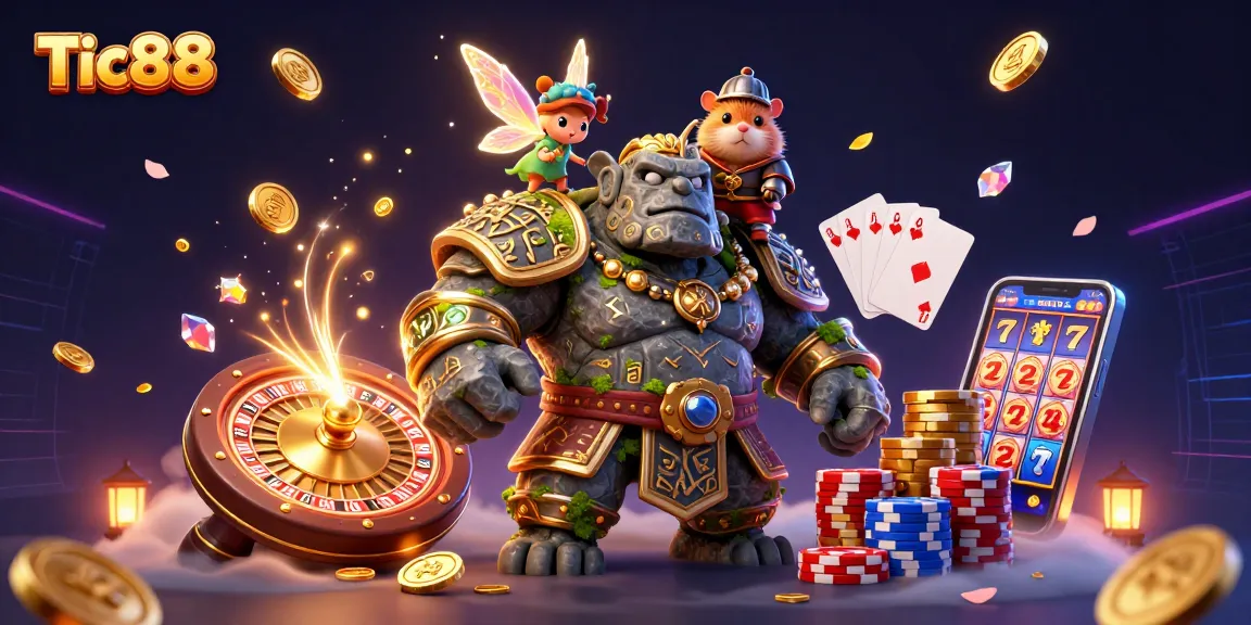 Tic88 characters celebrating with cascading coins, vibrant colors, and exciting casino elements in action.