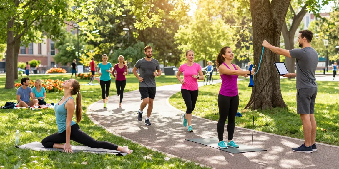 Motchill community engaging in fitness activities in a vibrant park.