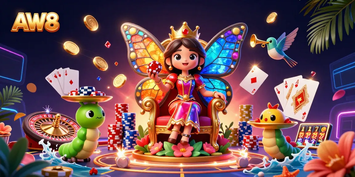 Win big with AW8's vibrant 3D casino scene featuring a queen, chips, and a spinning roulette wheel.