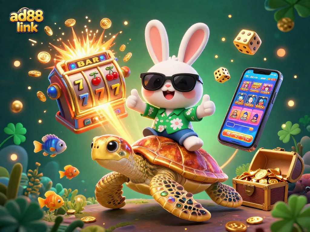 Experience the thrilling ad88 link with a lucky rabbit and golden turtle in a vibrant casino scene.
