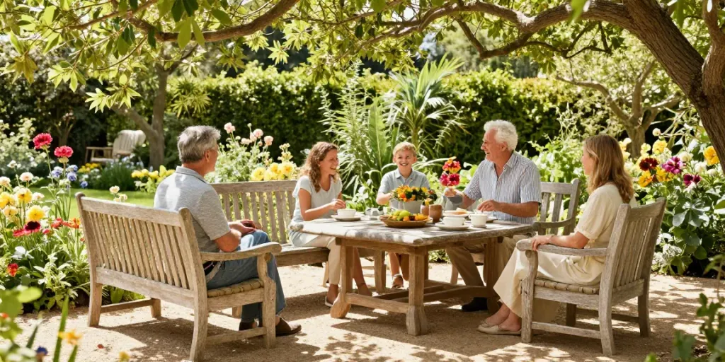Relax in comfort with Charles Taylor garden furniture in a vibrant garden setting, enjoying afternoon tea.