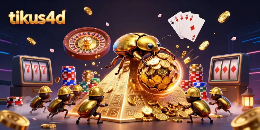 Tikus4D showcases a golden beetle rolling coins with a casino backdrop, emphasizing gaming excitement.