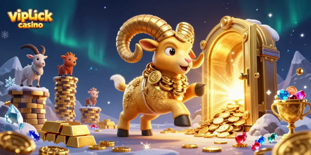 Experience thrills at vipluck casino with a dynamic scene showcasing a golden ram charging through riches.