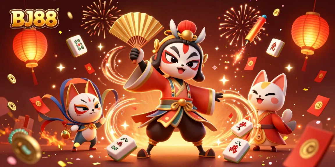 BJ88 showcases a vibrant 3D illustration with kabuki warriors and casino elements, emphasizing immersive gaming.