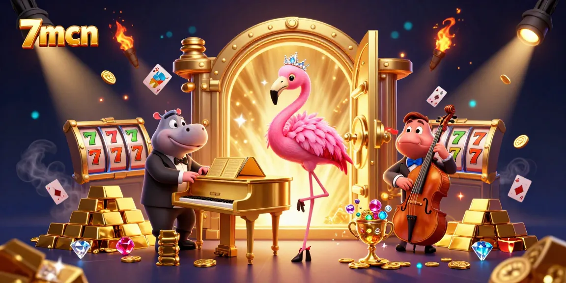 7mcn casino scene showcasing a dynamic flamingo singer and hippo bassist in a lively environment filled with gold.