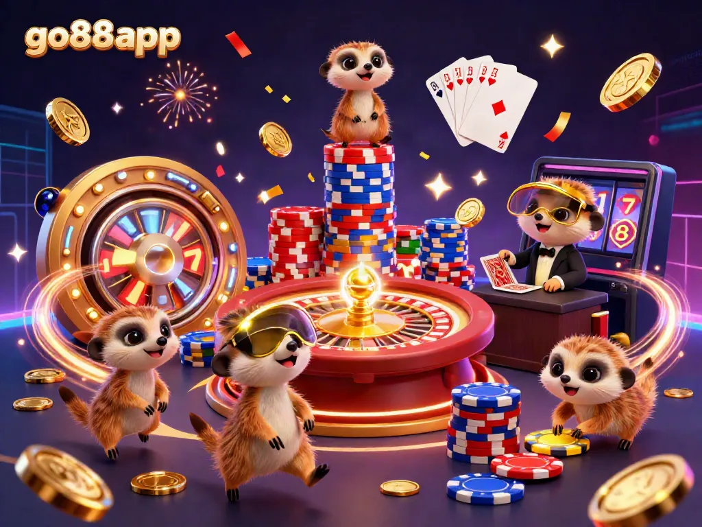Experience the exciting world of go88app with meerkats running a vibrant casino operation.