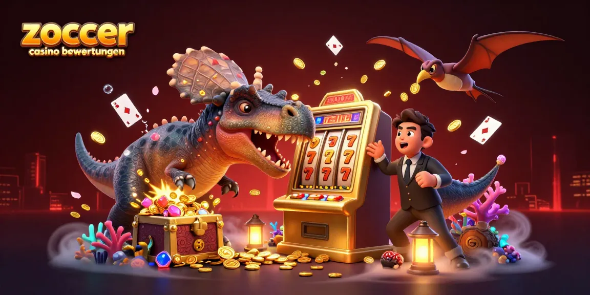 Zoccer casino bewertungen illustrated with a cartoon dinosaur hitting a slot machine for jackpots amidst sparkling treasures and dynamic casino elements.