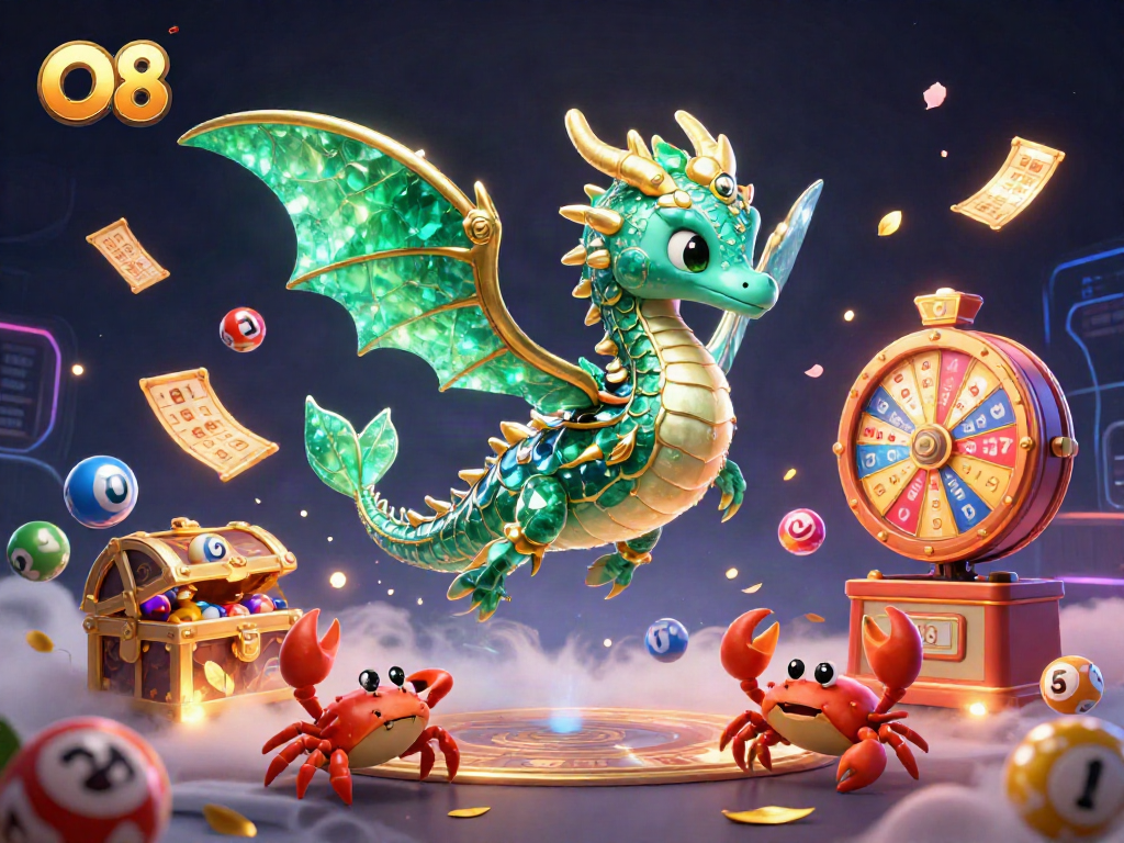 Engage with O8's colorful lottery and bingo excitement in a vibrant, dynamic scene.