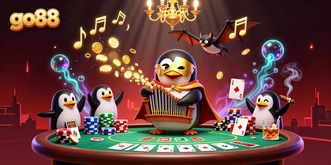 Experience the thrill of go88 as a phantom penguin plays and coins fly in an immersive casino scene.