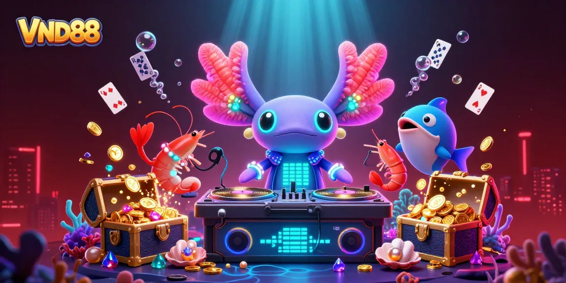 Engaging VND88 cartoon scene showcasing an axolotl DJ with glowing shrimp dancers and vibrant casino elements.