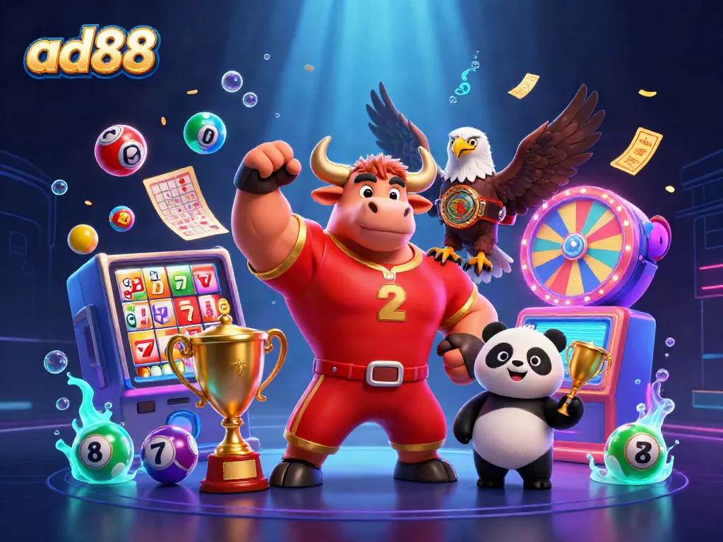 Experience exciting casino action with ad88's characters and gambling elements dynamically interacting in a vibrant scene.
