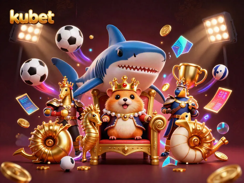 Kubet presents a vibrant casino scene with a golden hamster king on a shark throne, surrounded by dynamic sports elements.