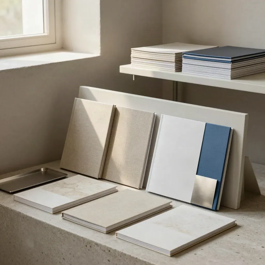 Gestaffeltes Archiv mit Mappen, Materialproben und Ausstellungsmodul in dramatischem Licht.