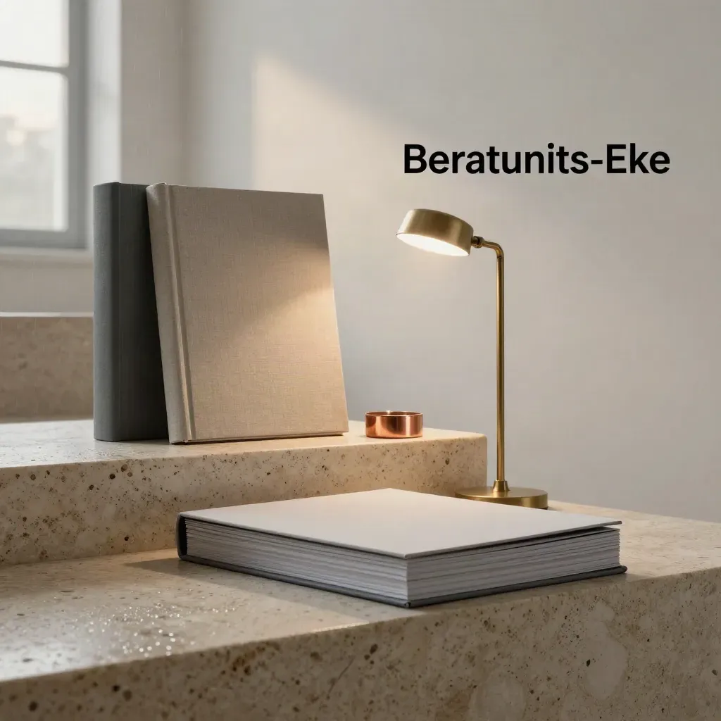 Travertin-Ecke mit Ordnern, Leinportfolio, Kupfergewicht und Messingleuchte im Morgenlicht