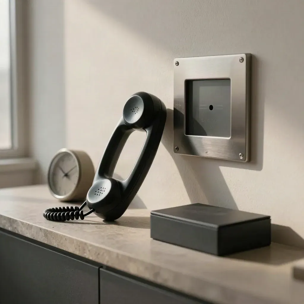 Schwarzer Telefonhörer, Steinuhr, Schlüsselleiste und geschlossene Notizbox in ruhiger Empfangsszene.