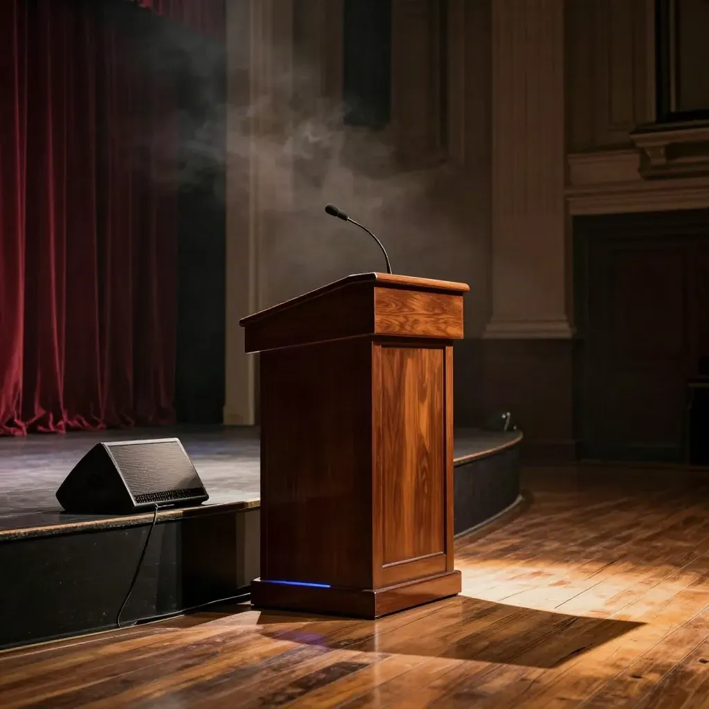 Leeres Rednerpodium mit Mikrofon im warmen Bühnenlicht und feinem Staub