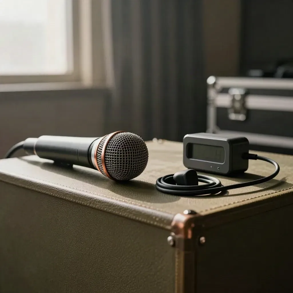 Mikrofonkopf, Timer, In-Ear-Case und Kabelschlaufe auf dunkler Bühnenfläche.