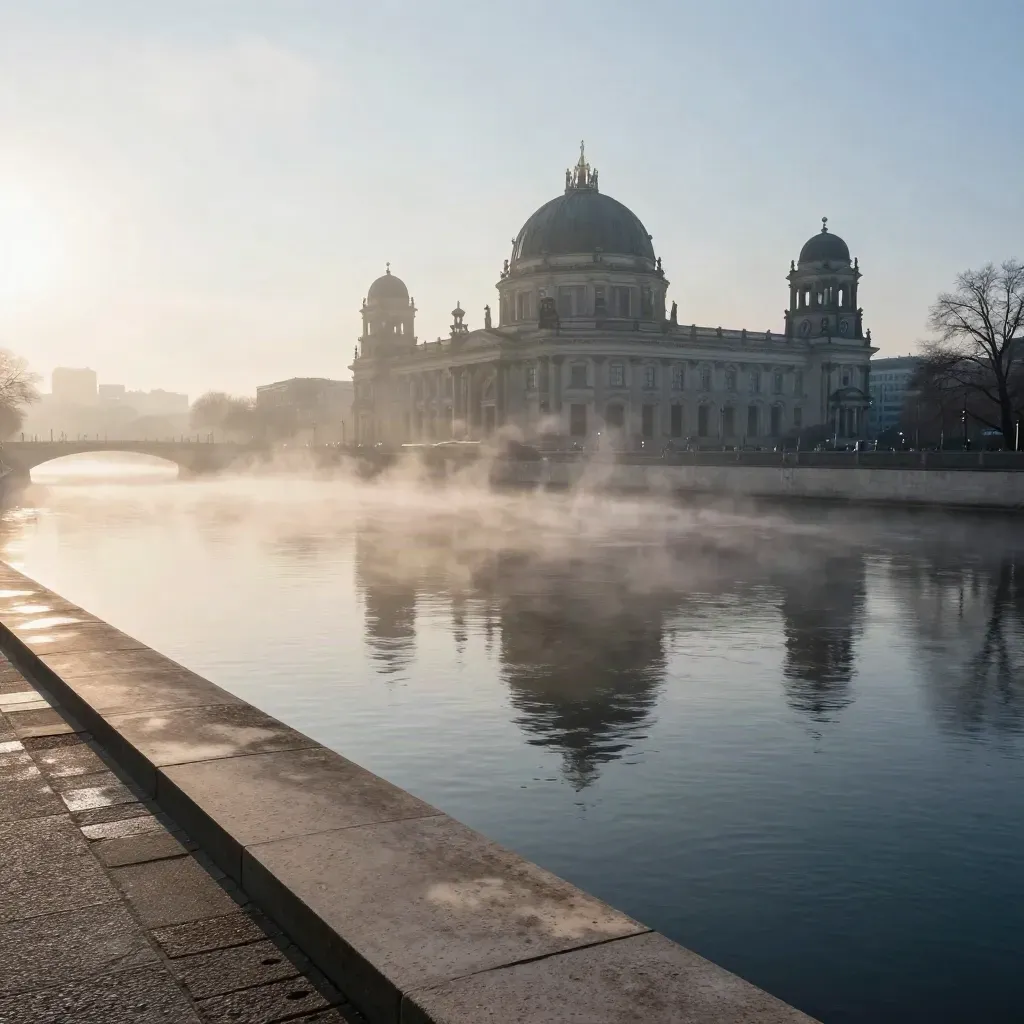 Spree im Morgennebel mit Museumsinsel und Kuppeln hoch im Bild.