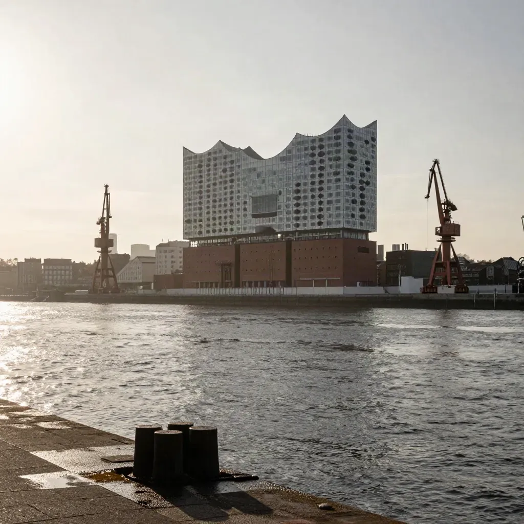 Elbphilharmonie und Hafenkräne im goldenen Abendlicht über ruhigem Wasser