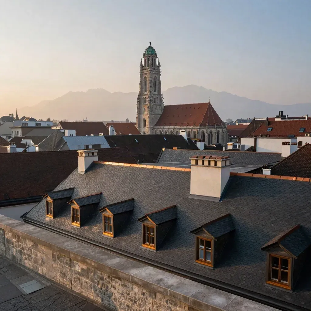 Münchner Altstadtdächer mit Frauenkirche und Alpenkranz im Abenddunst.