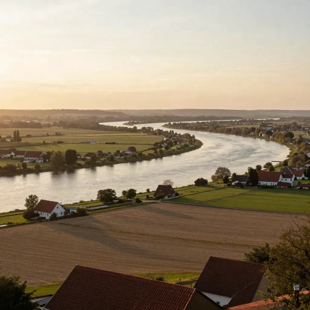 Weite deutsche Fluss- und Felderlandschaft im warmen Abendlicht mit roten Dächern und Dunst.