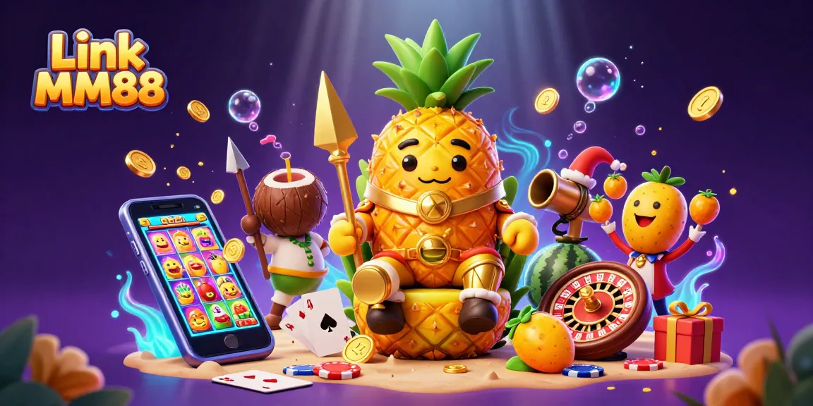 Engage with Link MM88 in a lively casino scene featuring a golden pineapple king and vibrant gaming elements.