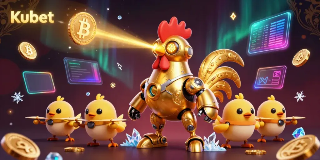 Kubet showcases an ultra-detailed golden rooster robot and baby chick drones amidst dynamic crypto-themed elements.