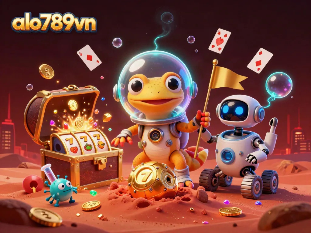 Alo789vn showcases a Martian gecko celebrating a golden casino treasure amidst vibrant gaming symbols.