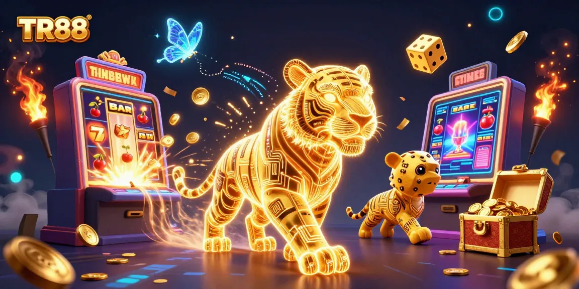 Experience TR88's thrilling casino view with a glowing tiger and dazzling slot machine action.