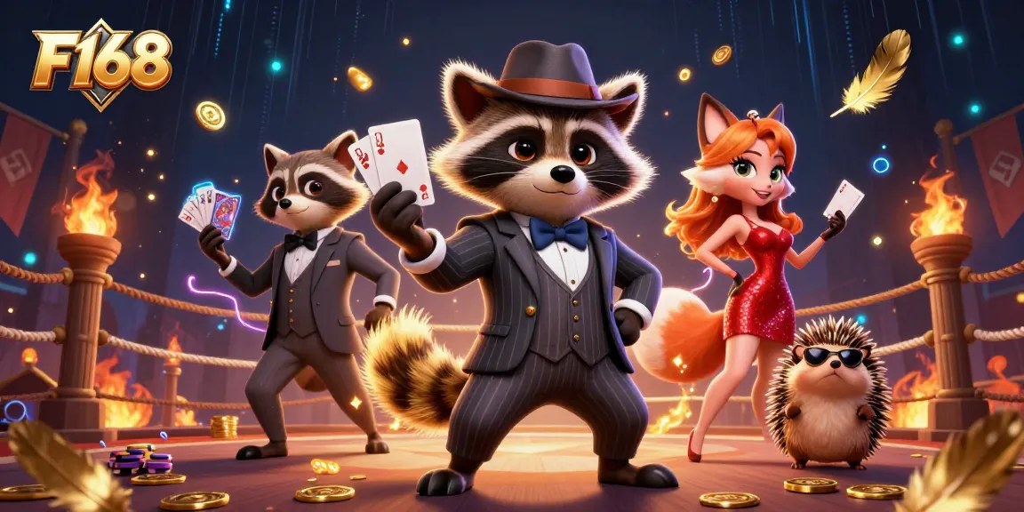Bet on F168 with a charming raccoon, fox, and hedgehog in a luxurious casino scene filled with excitement.