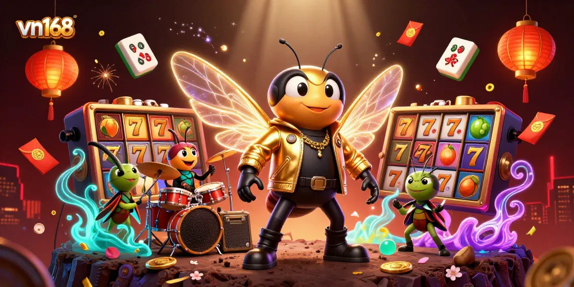 Experience thrilling gameplay at vn168 with vibrant slot reels and a lively rock star scene.