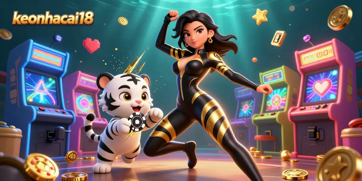 Engaging scene depicting keonhacai18's dynamic gaming space with a stylish woman and a playful tiger.
