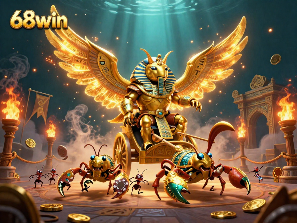 Players explore exciting games at 68win, featuring vibrant 3D casino characters and golden treasures.