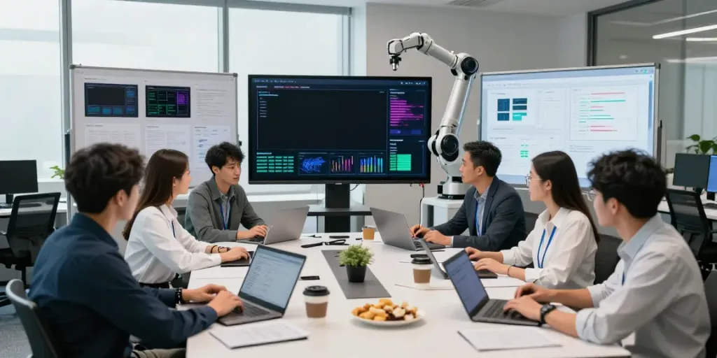 AI team working on innovative enterprise AI solutions in a modern office.
