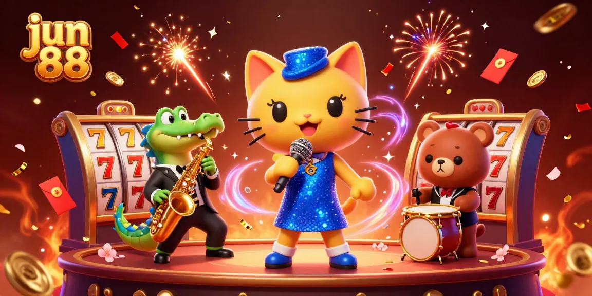 Experience the thrill of jun 88 with a lively casino scene featuring a jazz-singing cat, a saxophone-playing croc, and a drum-playing bear.