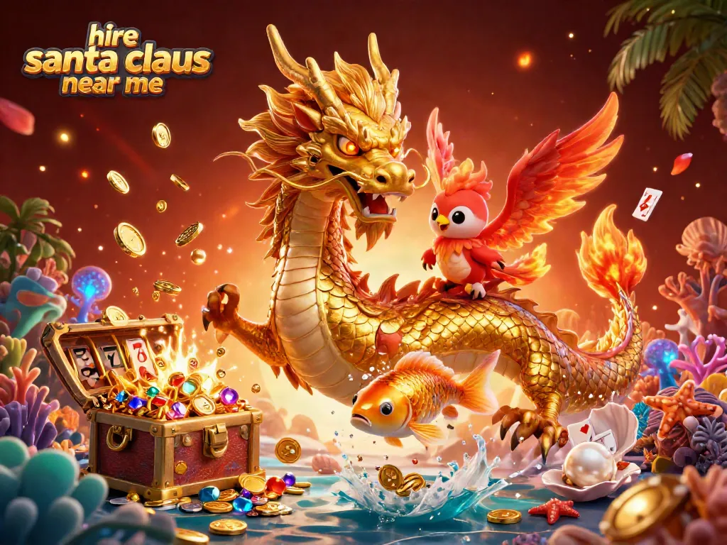 Engage with hire santa claus near me using a vibrant 3D casino illustration featuring a golden dragon, phoenix, and koi amidst slots.