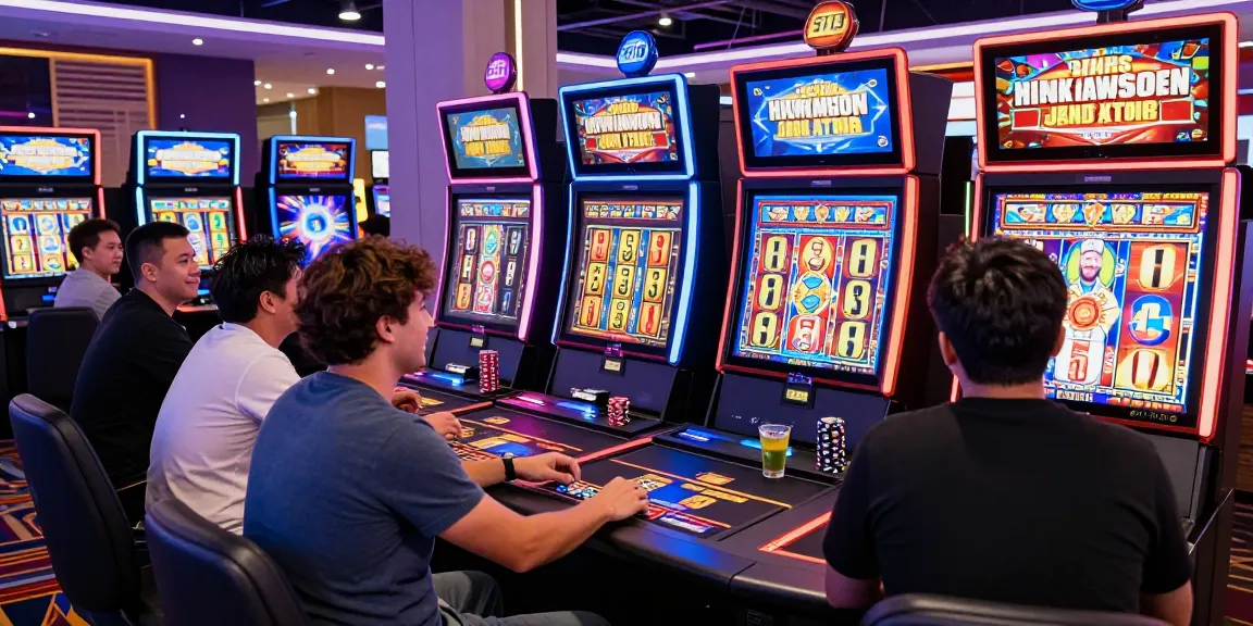 Players enjoying HWGSLOT at a vibrant online casino, celebrating wins amid lively gaming atmosphere.