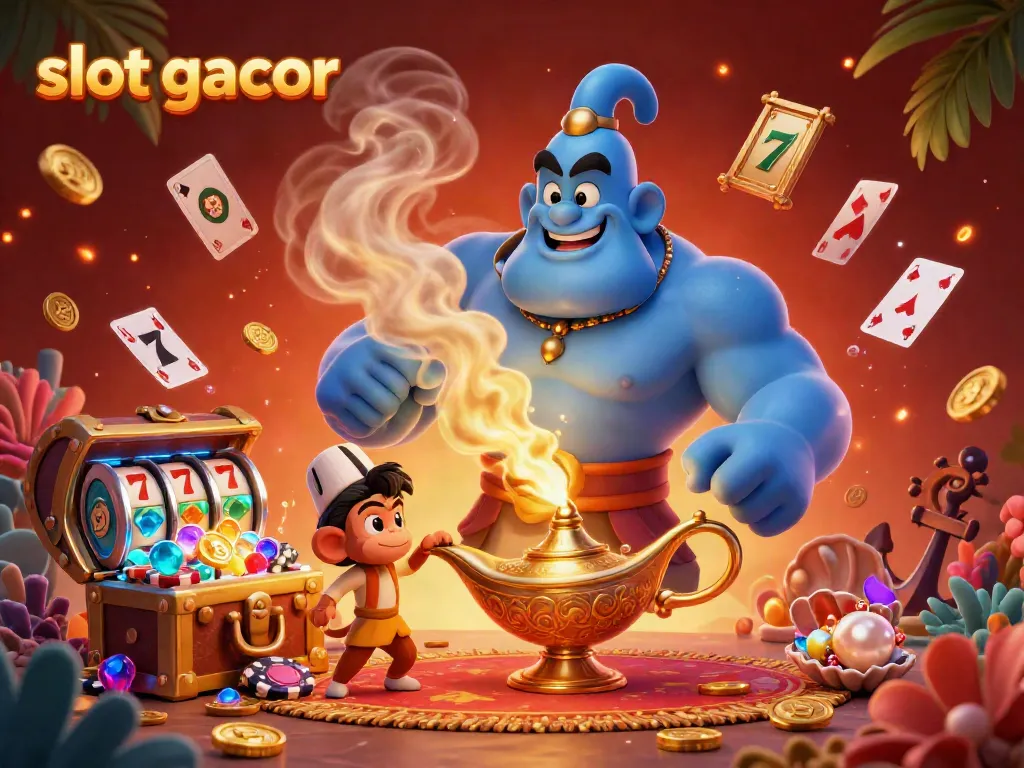 Experience the thrill of jackpot wins with slot gacor in an exciting casino scene featuring a genie, monkey, and poker chips.