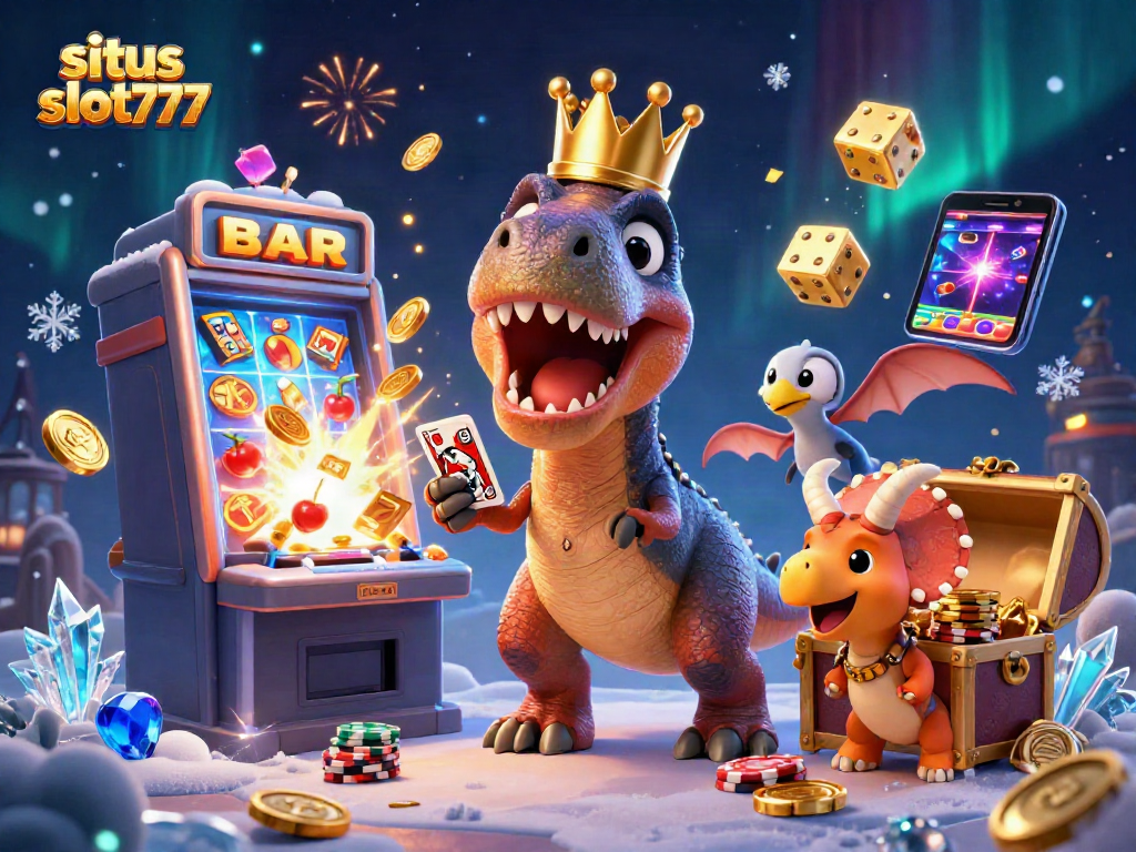 Play the exciting situs slot777 games with the T-Rex and friends in a vibrant jackpot scene.