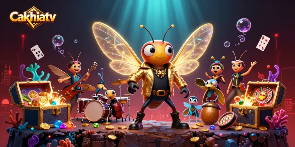 Cakhiatv brings excitement with a cartoonic rock star scene, showcasing vibrant slot games and jackpots.